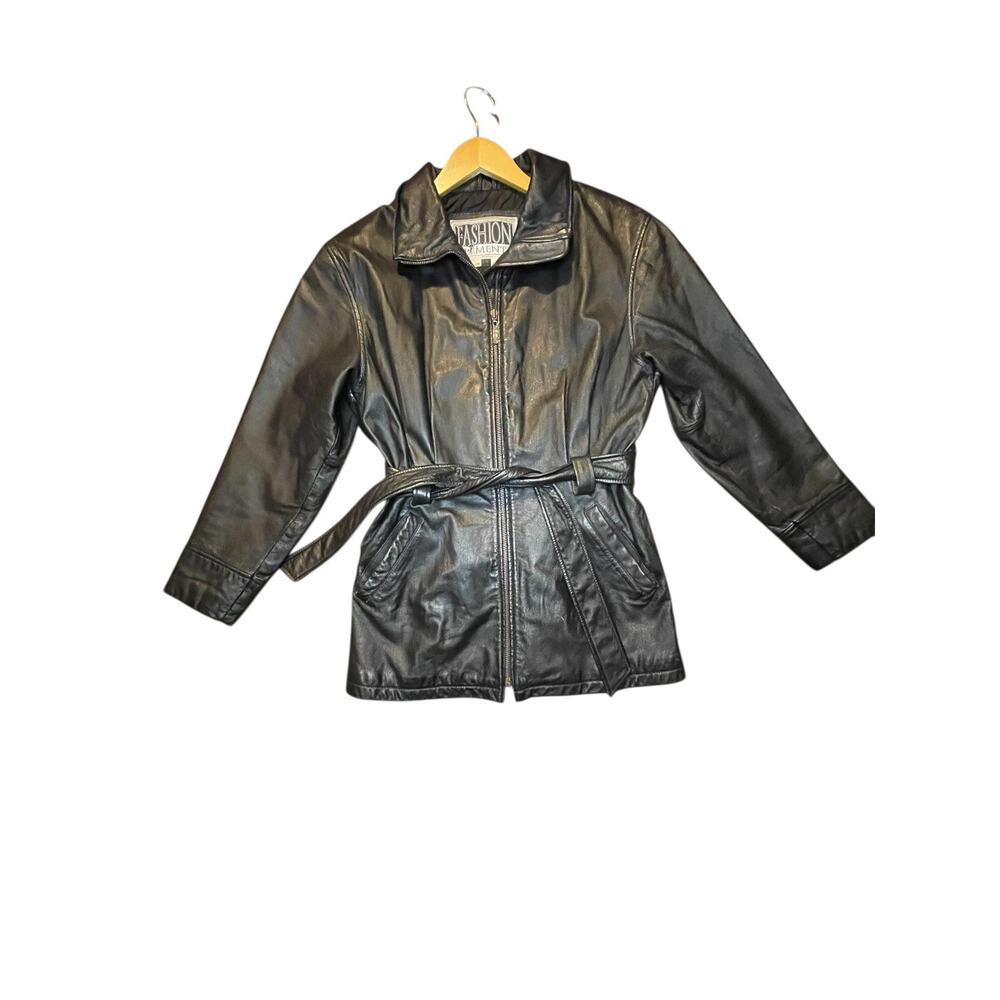 Fashion Elements Black Leather Jacket Womens Small Belted Grunge Biker Classic